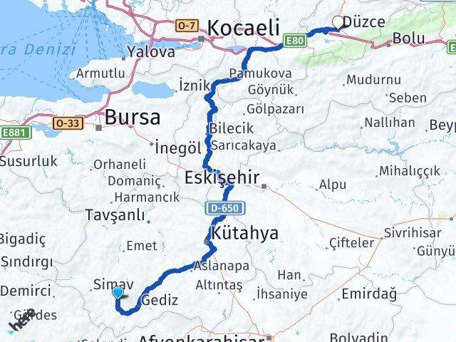 Kütahya Şaphane Düzce Arası Kaç Km - Yol Haritası