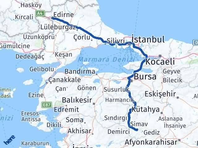 Kütahya Şaphane Edirne Arası Kaç Km - Yol Haritası