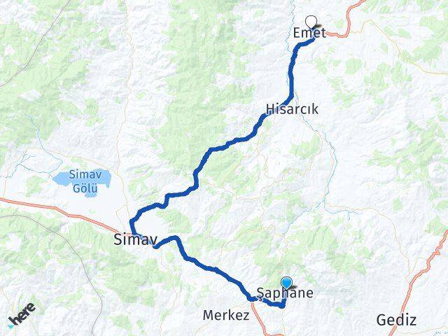 Kütahya Şaphane Emet Arası Kaç Km - Yol Haritası