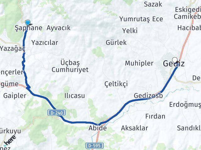 Kütahya Şaphane Gediz Arası Kaç Km - Yol Haritası