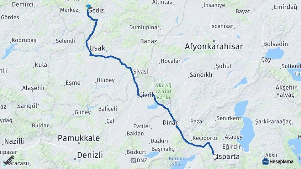 Kütahya Şaphane Isparta Arası Kaç Km - Yol Haritası