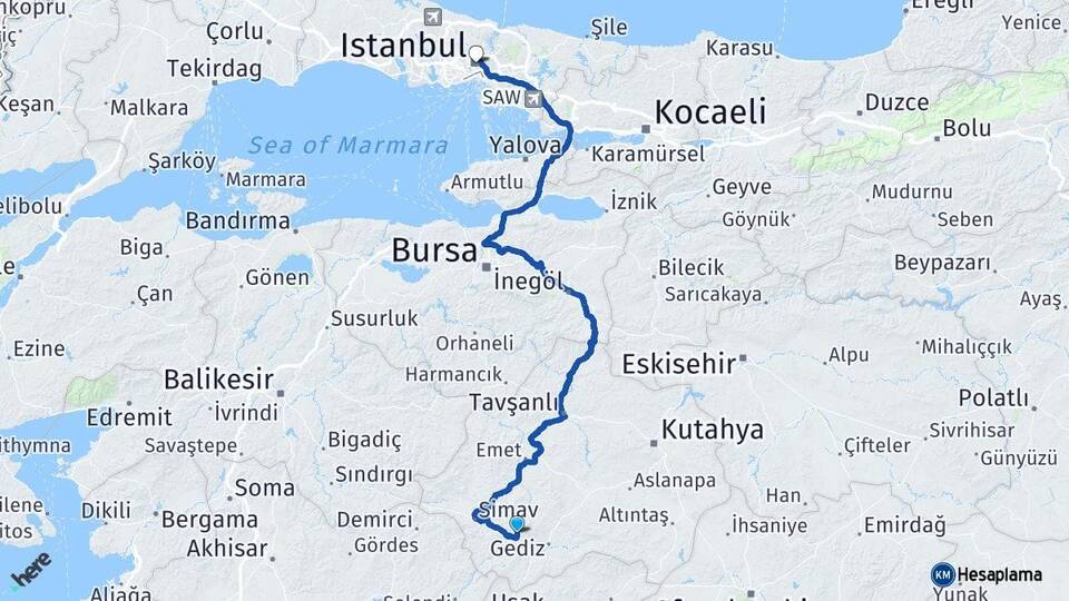 Kütahya Şaphane İstanbul Arası Kaç Km - Yol Haritası