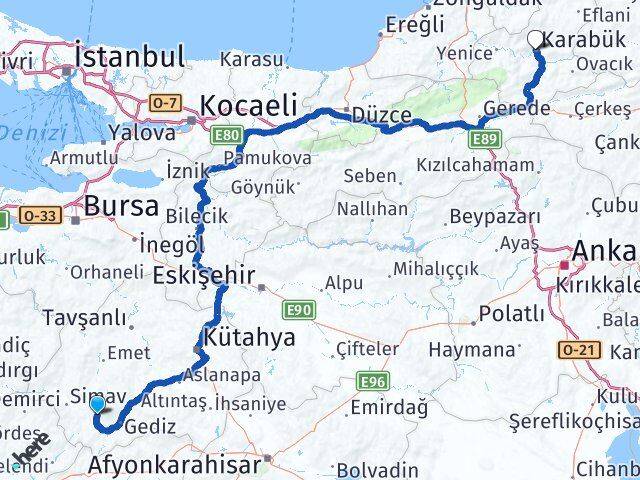 Kütahya Şaphane Karabük Arası Kaç Km - Yol Haritası
