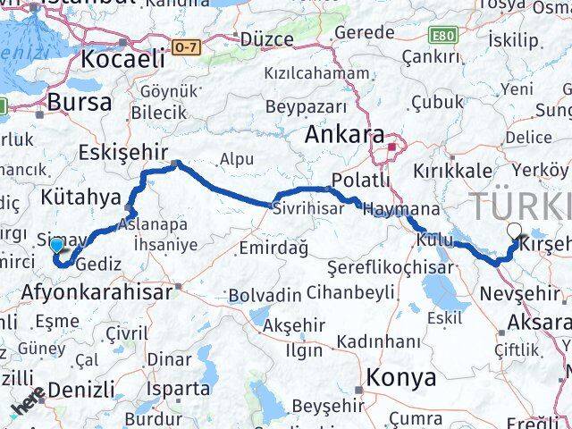Kütahya Şaphane Kırşehir Arası Kaç Km - Yol Haritası