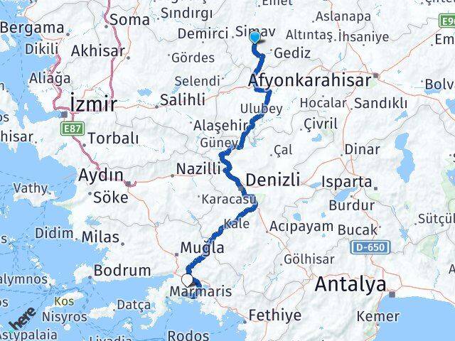 Kütahya Şaphane Muğla Arası Kaç Km - Yol Haritası