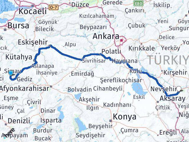 Kütahya Şaphane Nevşehir Arası Kaç Km - Yol Haritası