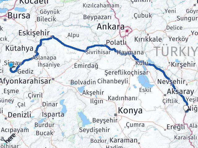Kütahya Şaphane Niğde Arası Kaç Km - Yol Haritası