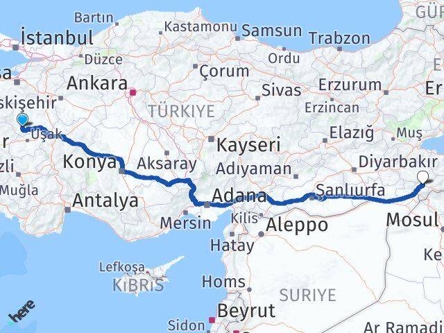 Kütahya Şaphane Şırnak Arası Kaç Km - Yol Haritası