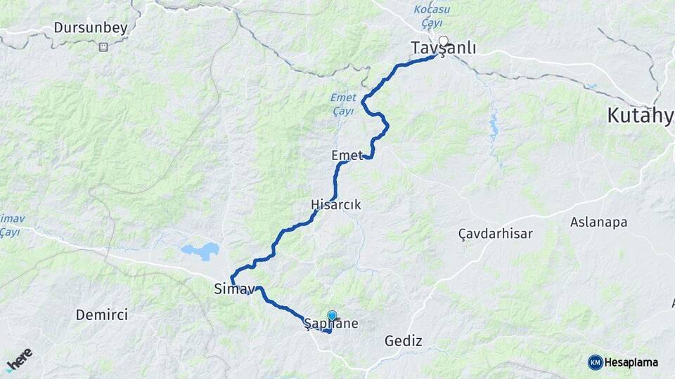 Kütahya Şaphane Tavşanlı Arası Kaç Km - Yol Haritası
