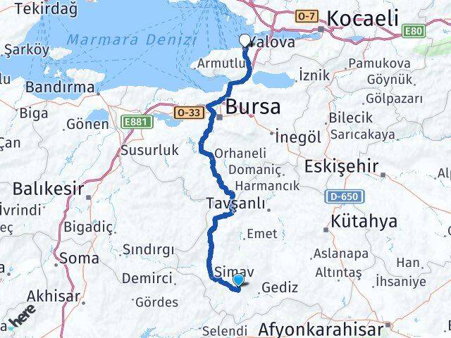 Kütahya Şaphane Yalova Arası Kaç Km - Yol Haritası