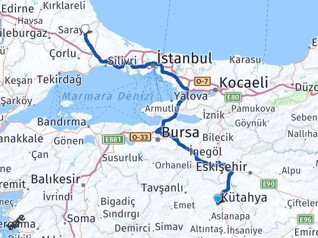Kütahya Saray Tekirdağ Arası Kaç Km - Yol Haritası