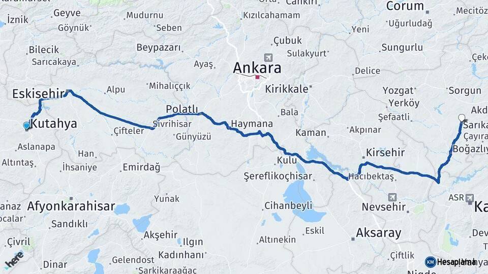 Kütahya Sarıkaya Yozgat Arası Kaç Km - Yol Haritası