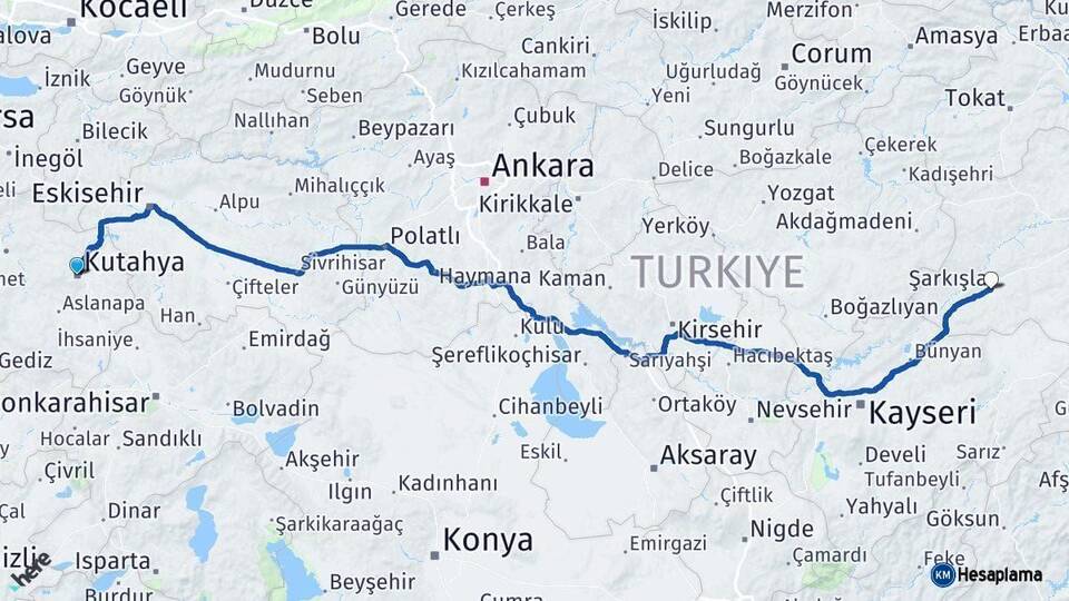 Kütahya Şarkışla Sivas Arası Kaç Km - Yol Haritası