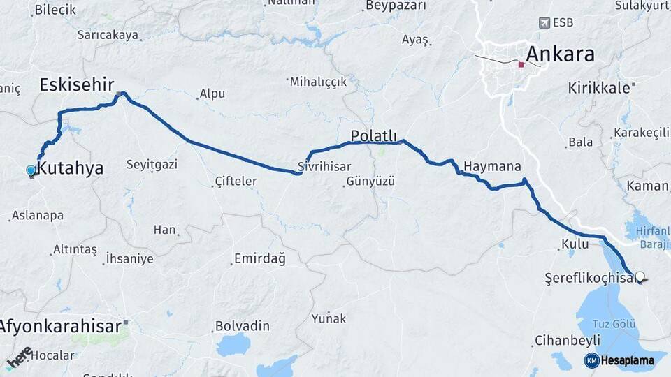 Kütahya Şereflikoçhisar Ankara Arası Kaç Km - Yol Haritası