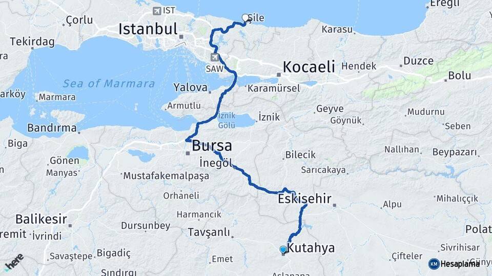 Kütahya Şile İstanbul Arası Kaç Km - Yol Haritası