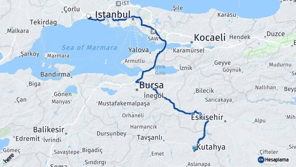 Kütahya Silivri İstanbul Arası Kaç Km - Yol Haritası