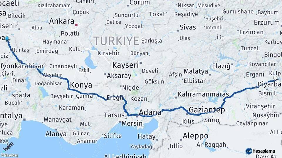 Kütahya Silvan Diyarbakır Arası Kaç Km - Yol Haritası