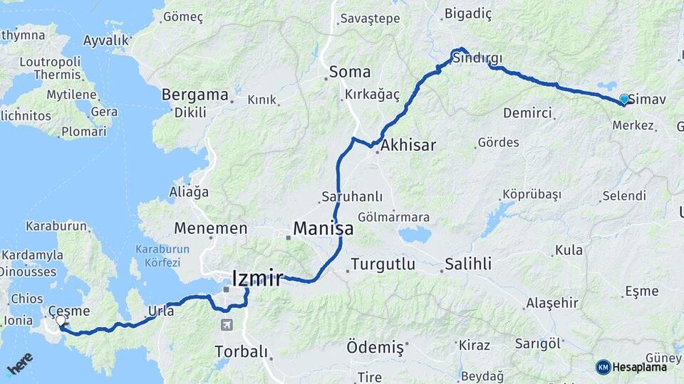 Kütahya Simav Alaçatı Çeşme İzmir Arası Kaç Km - Yol Haritası