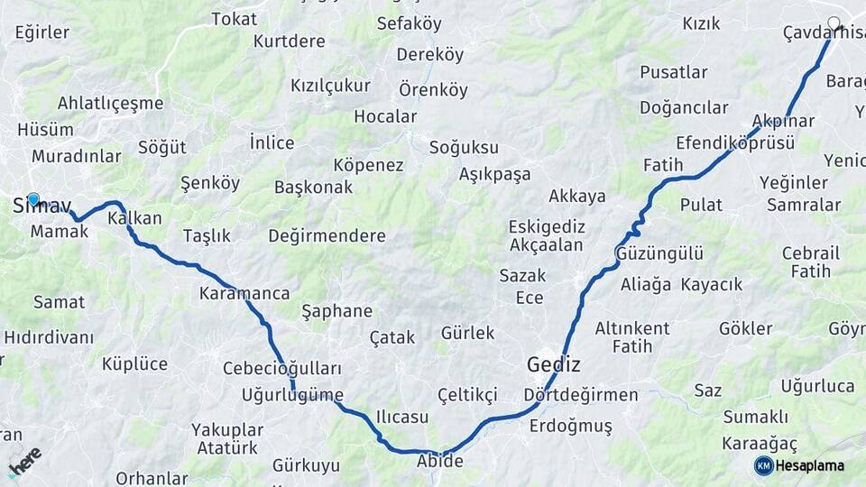 Kütahya Simav Çavdarhisar Arası Kaç Km - Yol Haritası