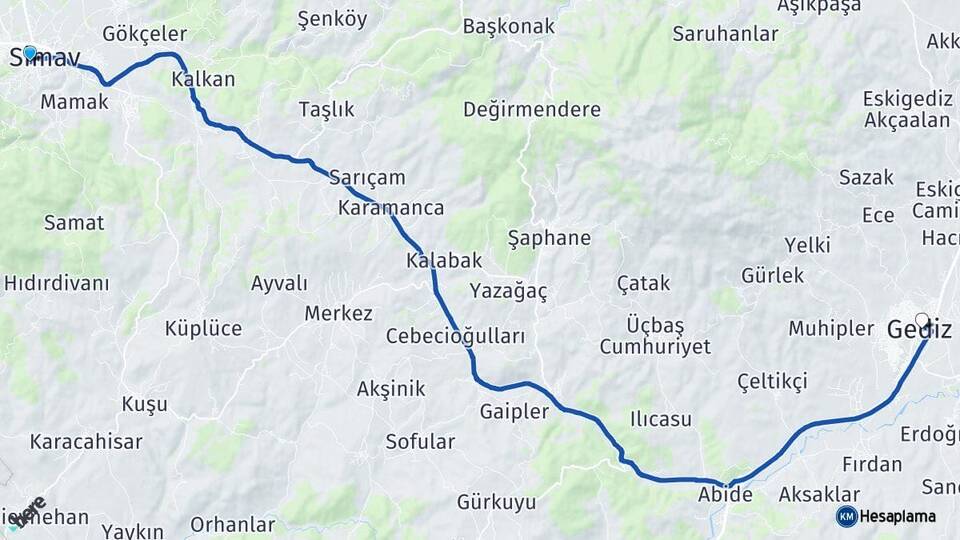 Kütahya Simav Gediz Arası Kaç Km - Yol Haritası