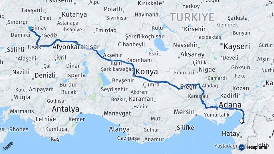 Kütahya Simav İskenderun Hatay Arası Kaç Km - Yol Haritası