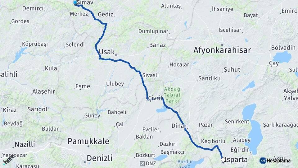 Kütahya Simav Isparta Arası Kaç Km - Yol Haritası