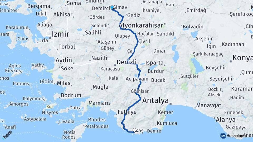 Kütahya Simav Kaş Antalya Arası Kaç Km - Yol Haritası