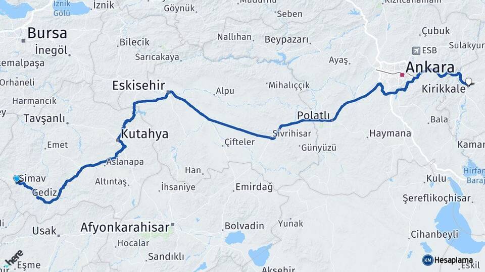 Kütahya Simav Kırıkkale Arası Kaç Km - Yol Haritası