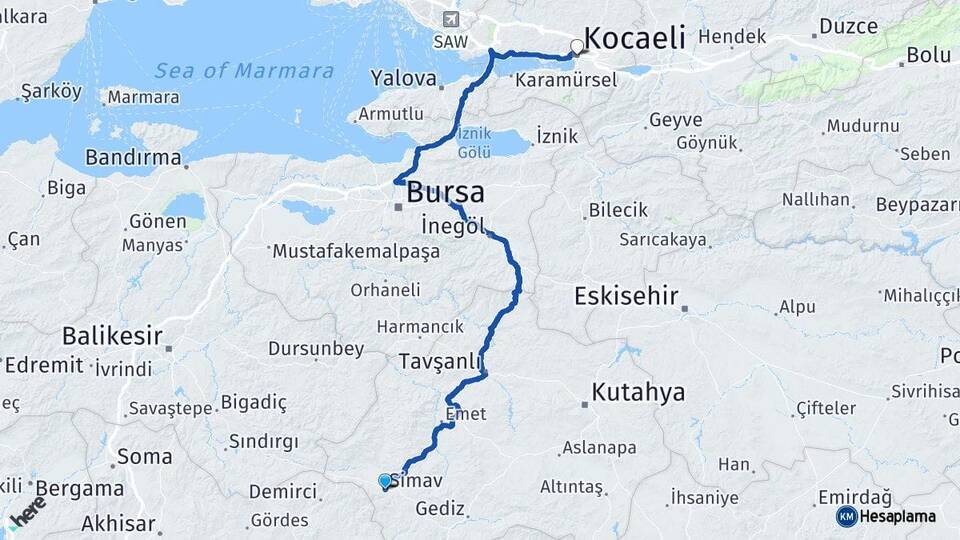 Kütahya Simav Kocaeli Arası Kaç Km - Yol Haritası