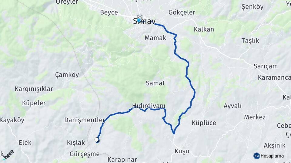 Kütahya Simav Pulluca Simav Arası Kaç Km - Yol Haritası