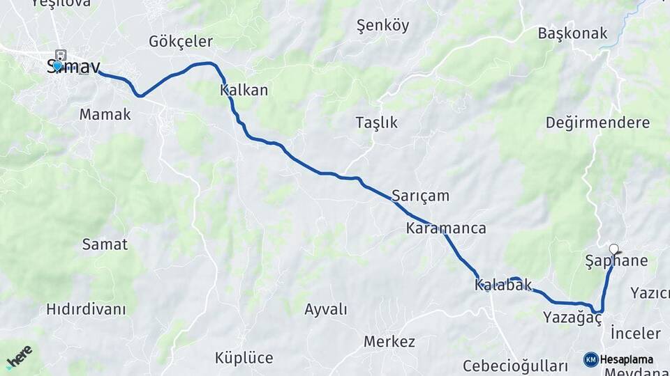 Kütahya Simav Şaphane Arası Kaç Km - Yol Haritası