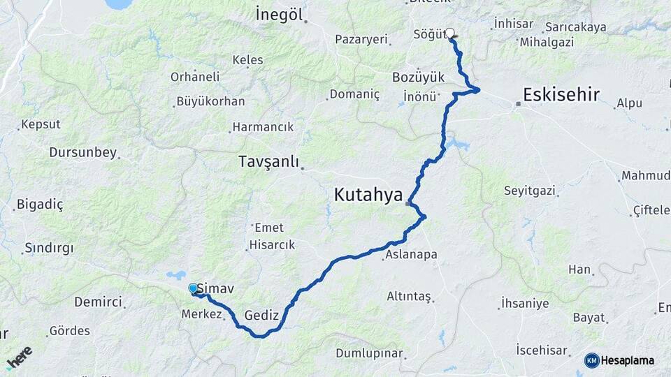 Kütahya Simav Söğüt Bilecik Arası Kaç Km - Yol Haritası