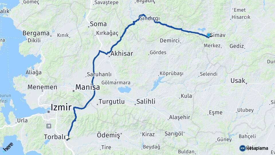 Kütahya Simav Torbalı İzmir Arası Kaç Km - Yol Haritası