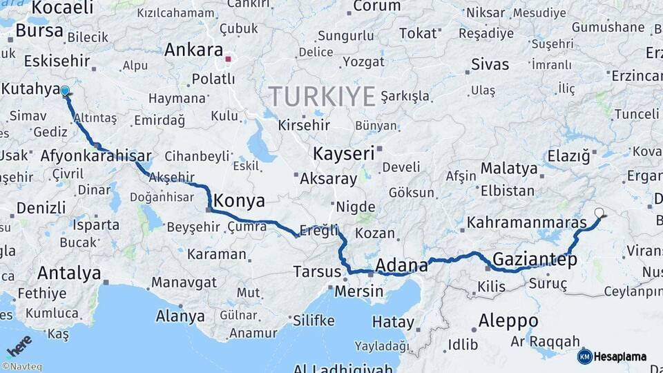 Kütahya Siverek Şanlıurfa Arası Kaç Km - Yol Haritası
