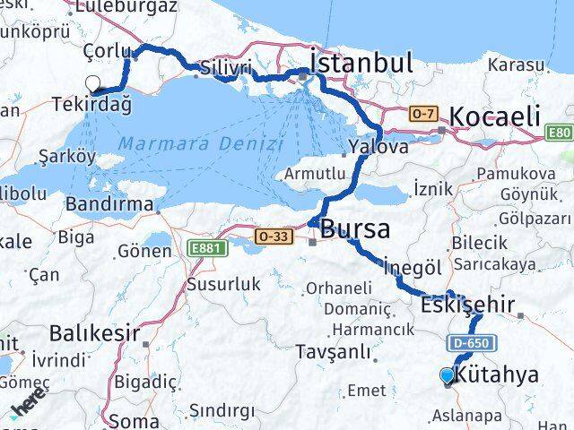 Kütahya Süleymanpaşa Tekirdağ Arası Kaç Km - Yol Haritası