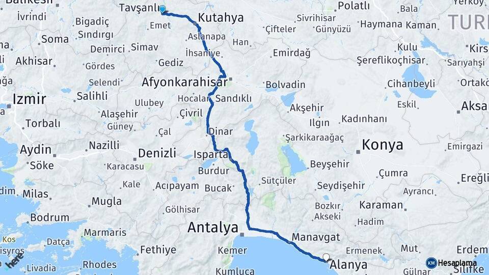 Kütahya Tavşanlı Alanya Antalya Arası Kaç Km - Yol Haritası