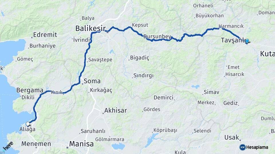 Kütahya Tavşanlı Aliağa İzmir Arası Kaç Km - Yol Haritası