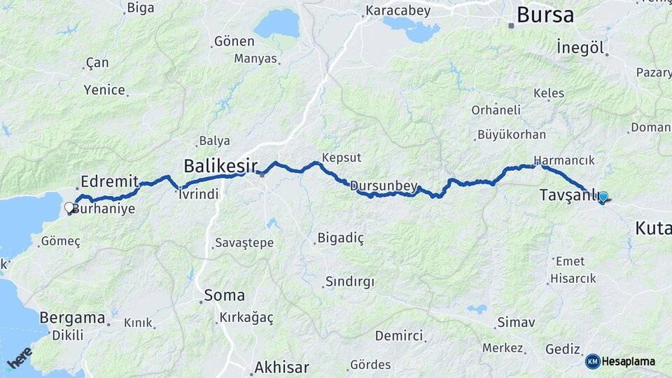 Kütahya Tavşanlı Burhaniye Balıkesir Arası Kaç Km - Yol Haritası