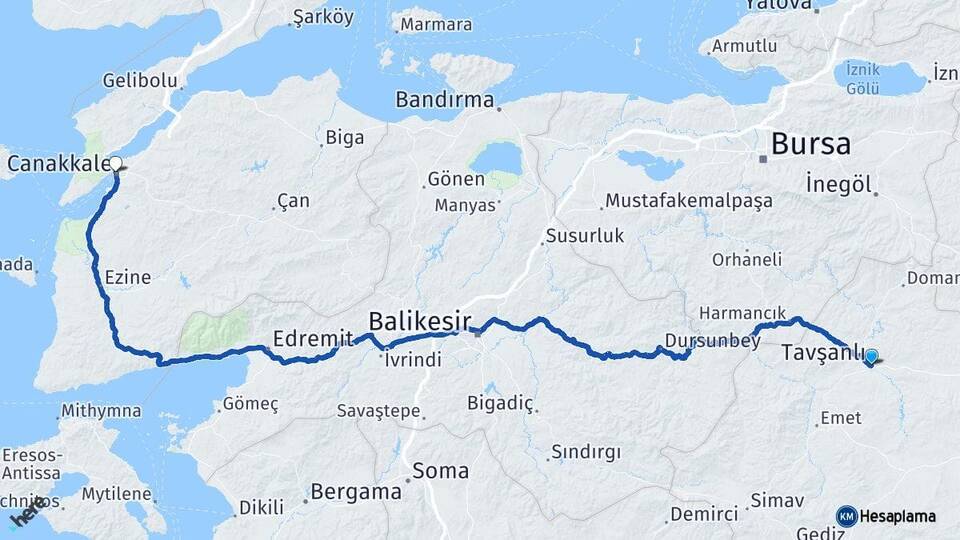 Kütahya Tavşanlı Çanakkale Arası Kaç Km - Yol Haritası