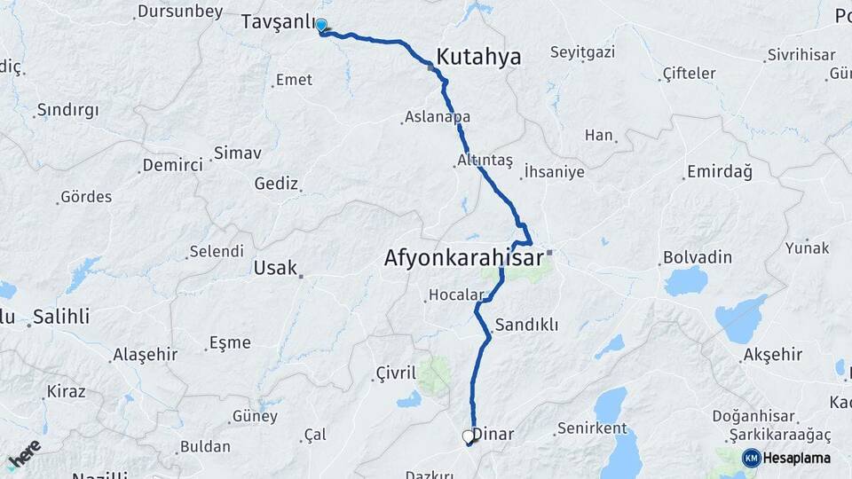 Kütahya Tavşanlı Dinar Afyonkarahisar Arası Kaç Km - Yol Haritası