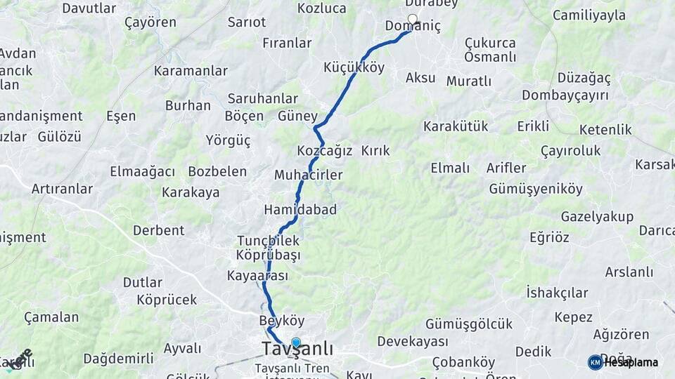 Kütahya Tavşanlı Domaniç Arası Kaç Km - Yol Haritası