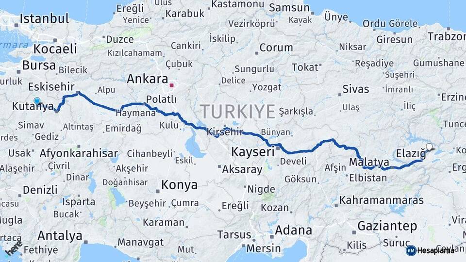 Kütahya Tavşanlı Elazığ Arası Kaç Km - Yol Haritası