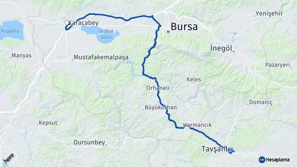 Kütahya Tavşanlı Karacabey Bursa Arası Kaç Km - Yol Haritası