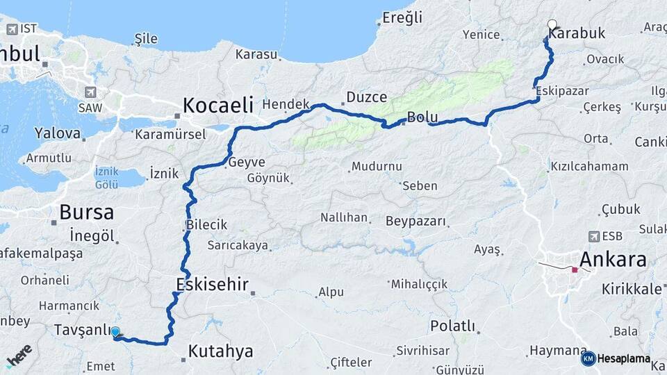 Kütahya Tavşanlı Safranbolu Karabük Arası Kaç Km - Yol Haritası