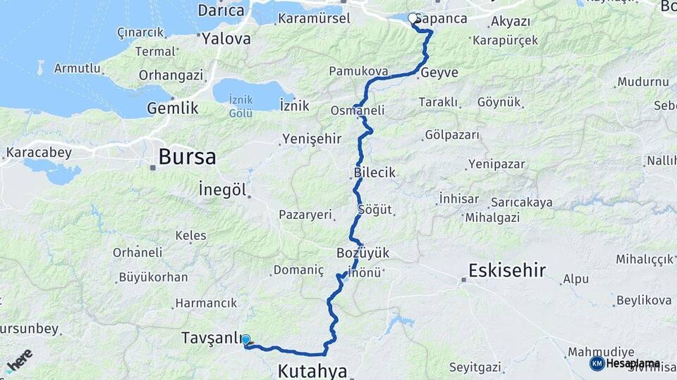 Kütahya Tavşanlı Sapanca Sakarya Arası Kaç Km - Yol Haritası