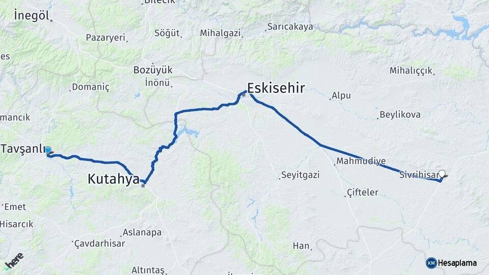 Kütahya Tavşanlı Sivrihisar Eskişehir Arası Kaç Km - Yol Haritası