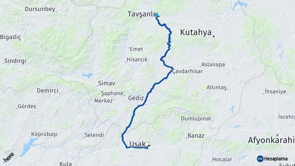 Kütahya Tavşanlı Uşak Arası Kaç Km - Yol Haritası