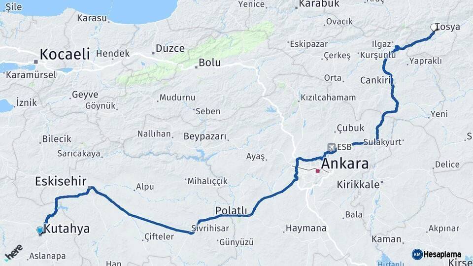 Kütahya Tosya Kastamonu Arası Kaç Km - Yol Haritası