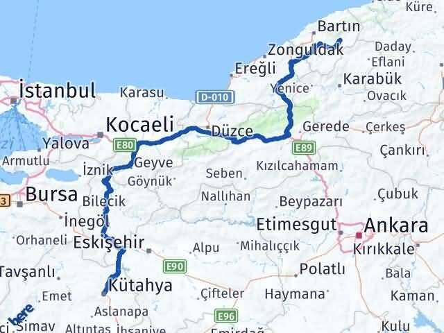 Kütahya Ulus Bartın Arası Kaç Km - Yol Haritası
