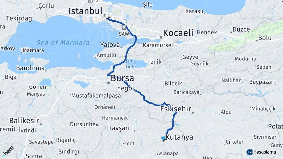 Kütahya Üsküdar İstanbul Arası Kaç Km - Yol Haritası
